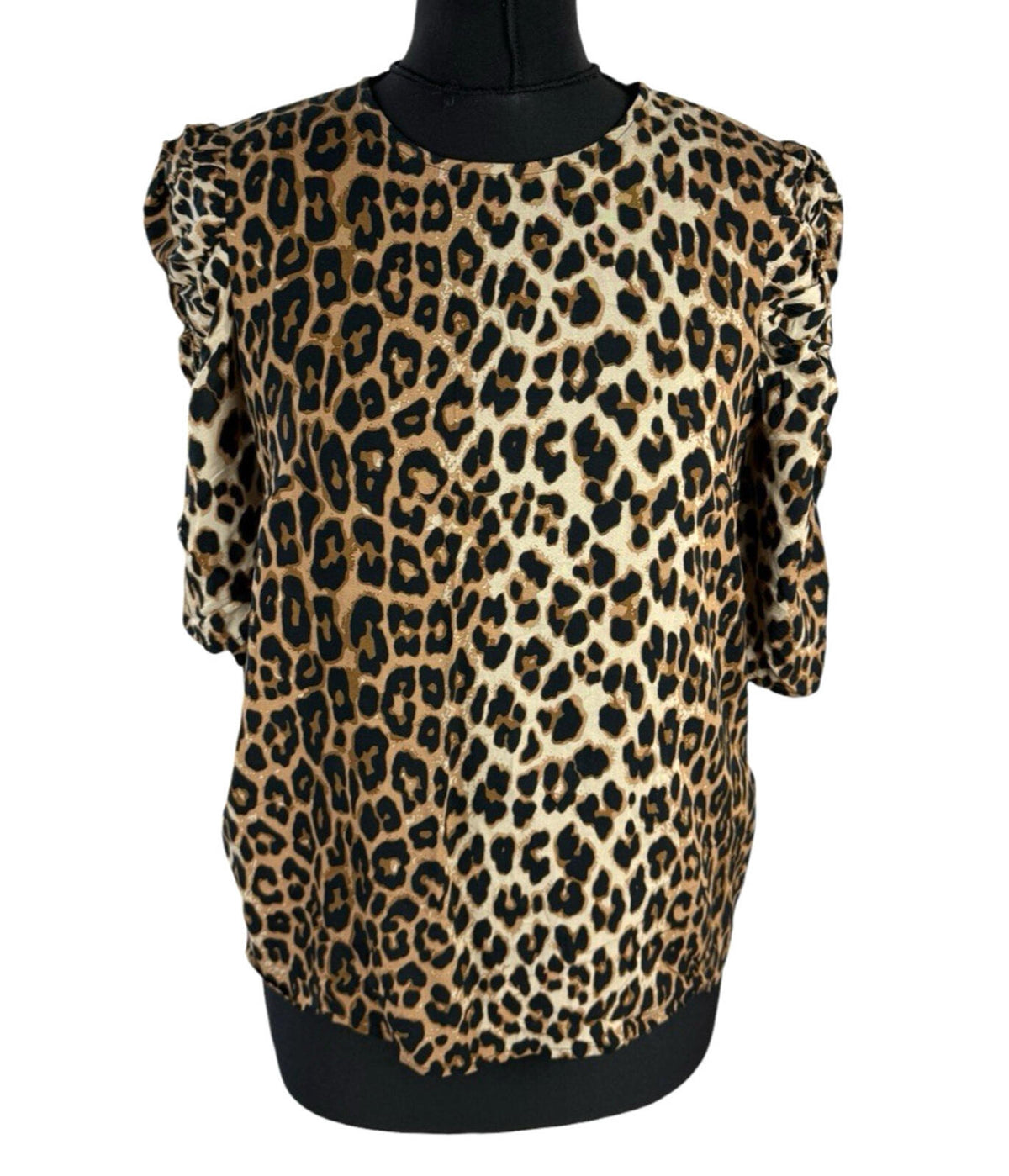 H&M Brown H&M Leopard Print Blouse Women's UK Size XS Relaxed Fit Puff-Sleeved Lightweight