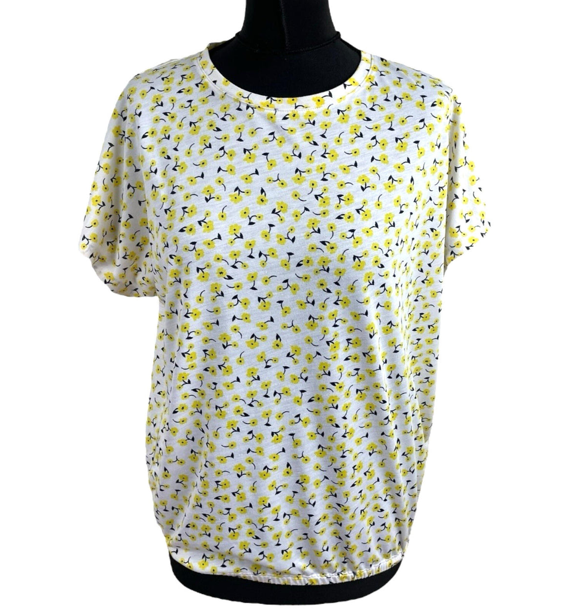 Marks & Spencer White Yellow Floral T-Shirt Blouse Women's UK Size 14 Crew Neck