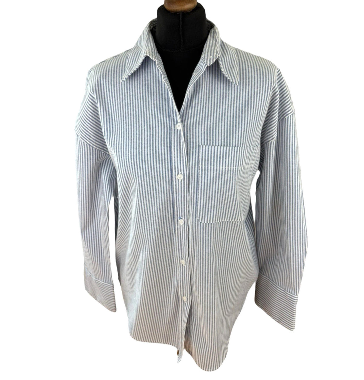 Zara Blue Stripe Shirt Blouse Collared Long Sleeve Distressed Women's UK Size S