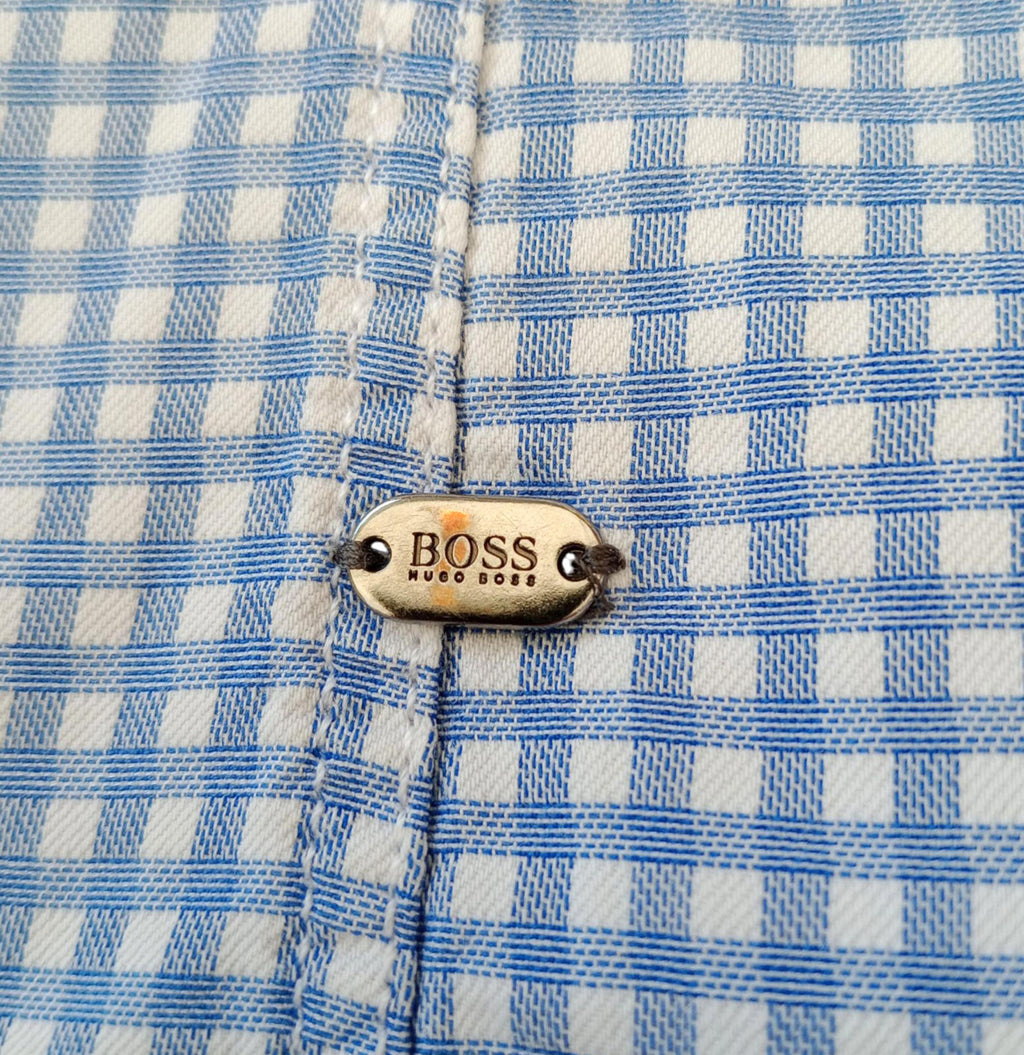 Hugo Boss Blue Hugo Boss Shirt Men's UK Size M Long Sleeve Blue Check 100% Cotton Pocket Modern