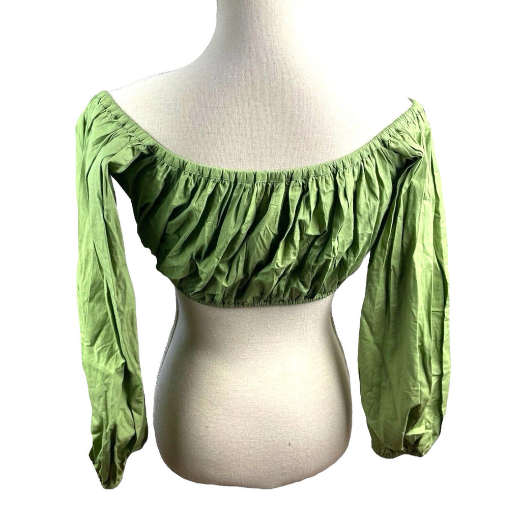 Khaki Green Off Shoulder Crop Top 3/4 Bell Sleeve Women's UK Size 8