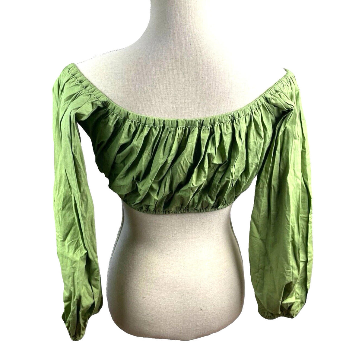 Khaki Green Off Shoulder Crop Top 3/4 Bell Sleeve Women's UK Size 8