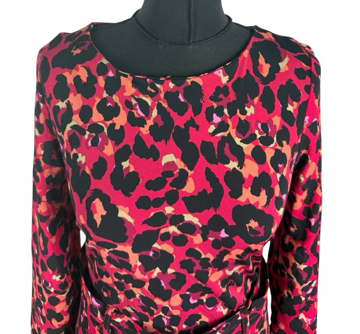 Next Leopard Print Midi Dress Women’s UK Size 6 Red & Black Long Sleeve Belted