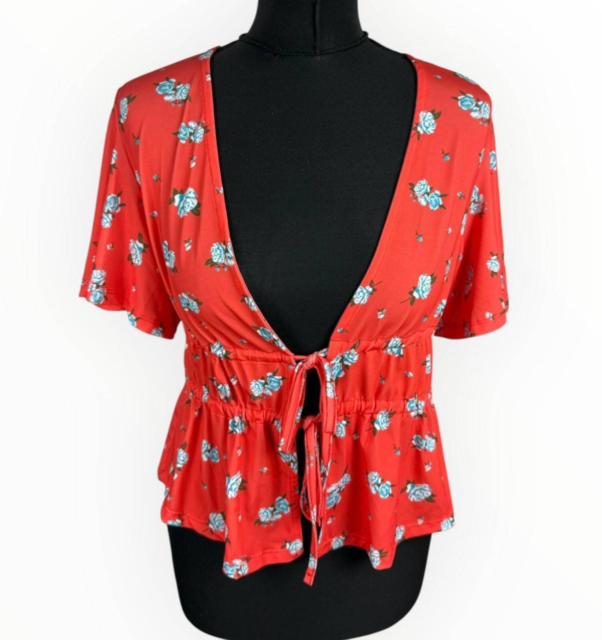 ASOS Floral Crop Top Women's UK Size 8 Tie Front Short Sleeve Orange