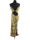 Pretty Little Thing Floral Bodycon Dress Gold Women's UK Size 8 Ruched Cut Out Waist
