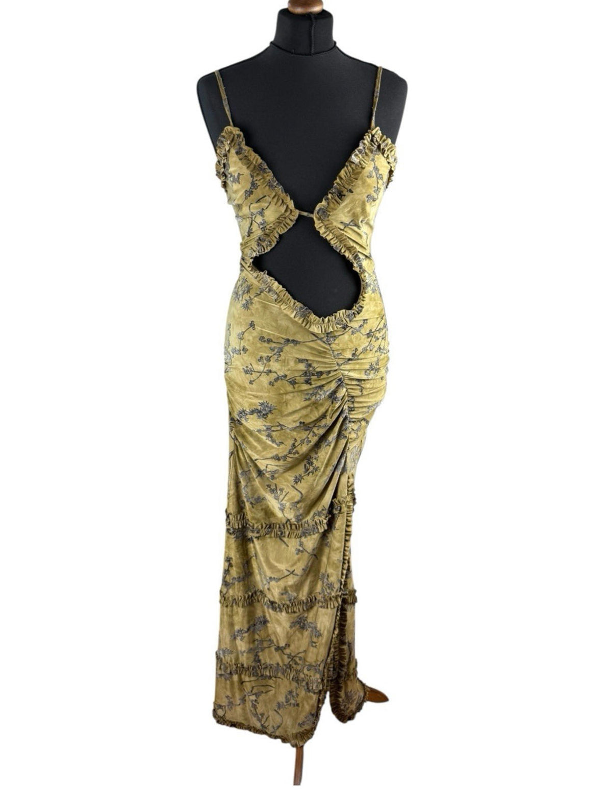 Pretty Little Thing Floral Bodycon Dress Gold Women's UK Size 8 Ruched Cut Out Waist