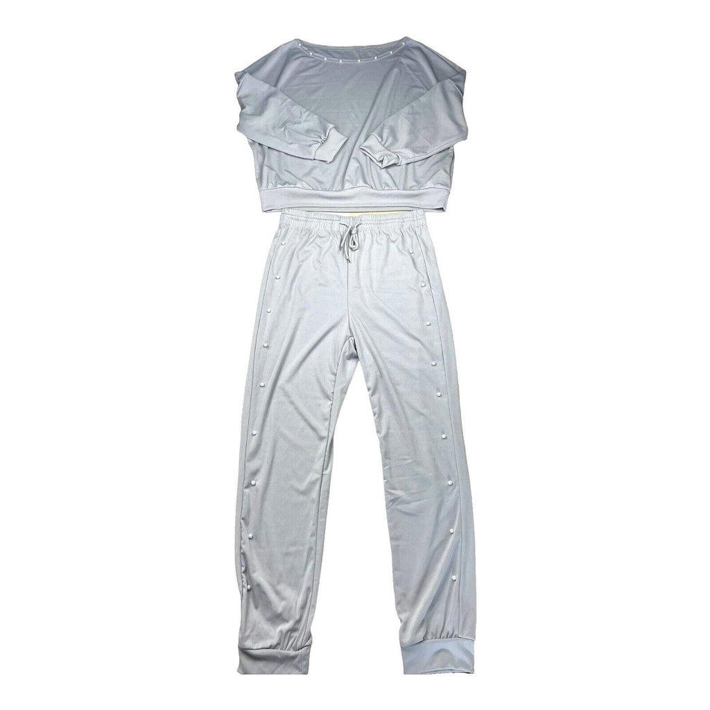 Pearl Embellished Tracksuit Co-Ord Set Women's UK Size L Grey Jog Pants & Top