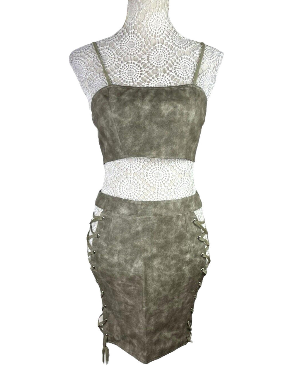 Pretty Little Thing Lace-Up Skirt & Crop Top Set Women's UK Size 8 Faux Leather