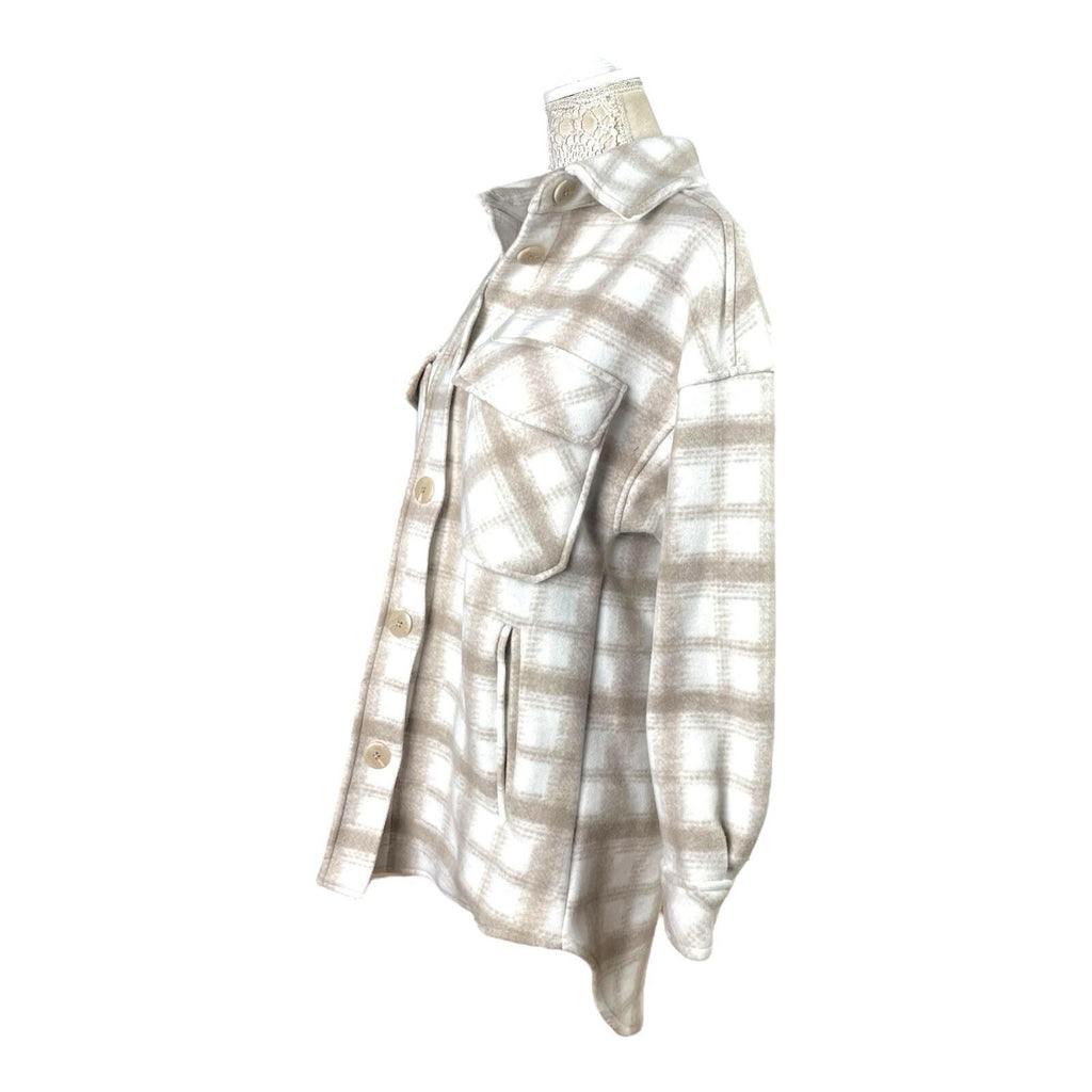 Stradivarius Beige Shirt Jacket Check Brushed Oversized Women's UK Size XS