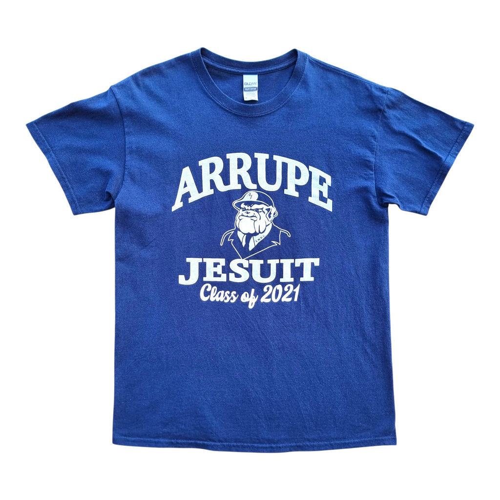 Gildan Blue Arrupe Jesuit Graphic Print T-Shirt Men's UK Size M Blue Crew Neck 100% Cotton