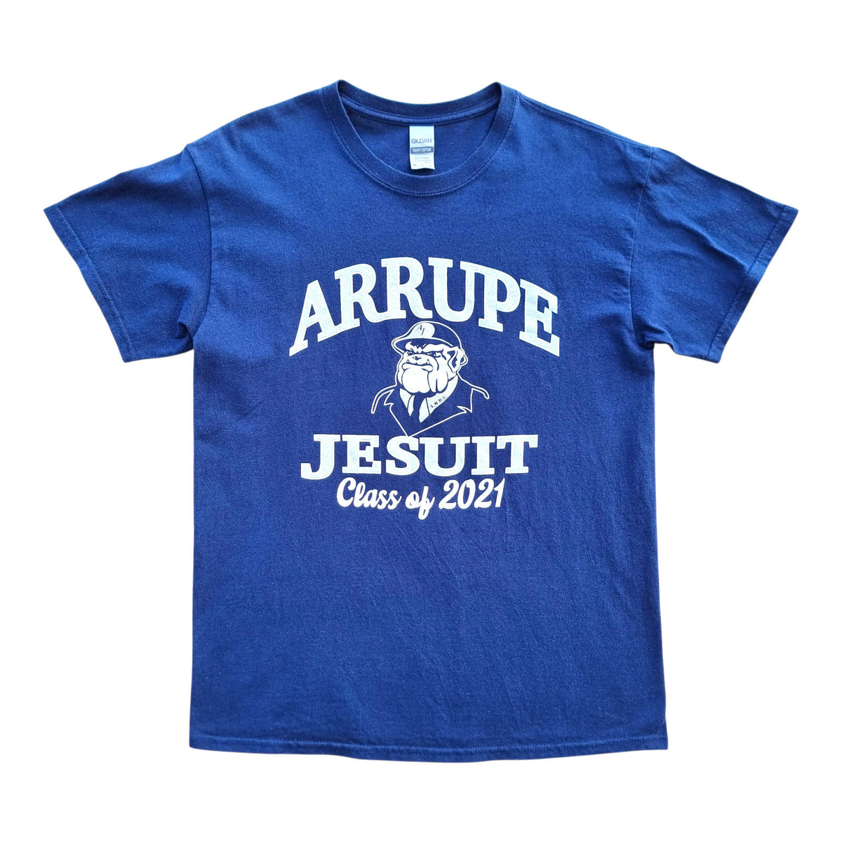 Gildan Blue Arrupe Jesuit Graphic Print T-Shirt Men's UK Size M Blue Crew Neck 100% Cotton