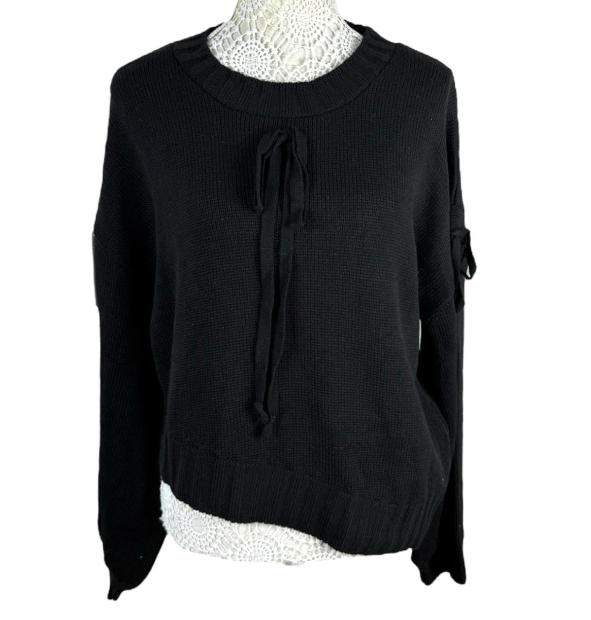 Black Knit Jumper Relaxed Fit Bow Detail Crew Neck Women's UK Size S