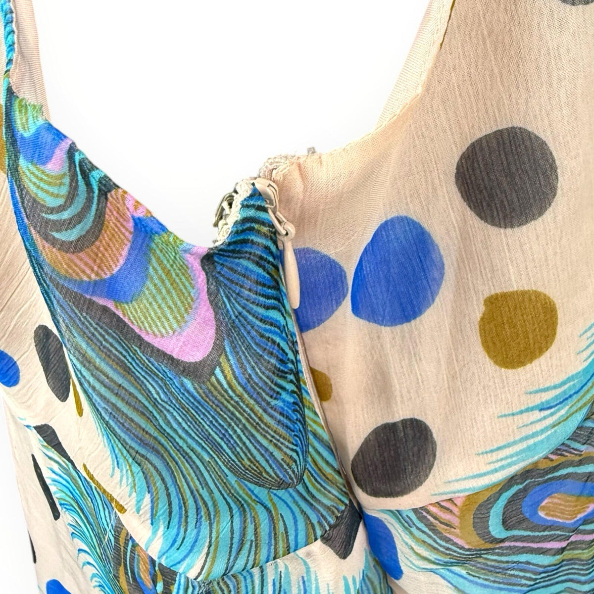 Marksharn White Marksharn Chiffon Party Dress Women's UK Size 3XL Peacock Design Multicolour