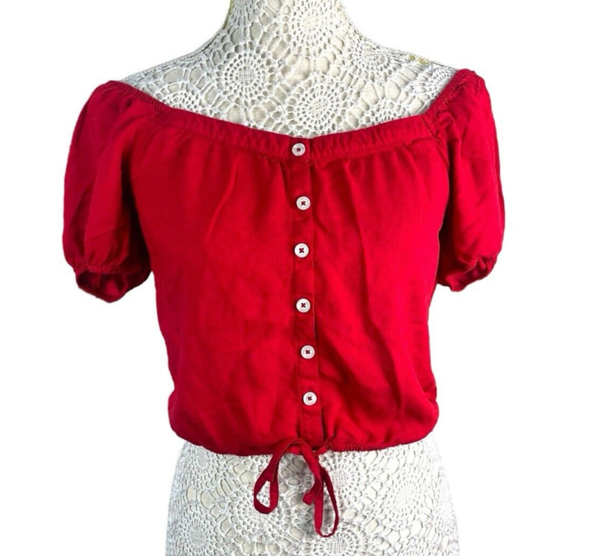 Hollister Red Crop Top Blouse Balloon Short Sleeve Women's UK Size XS