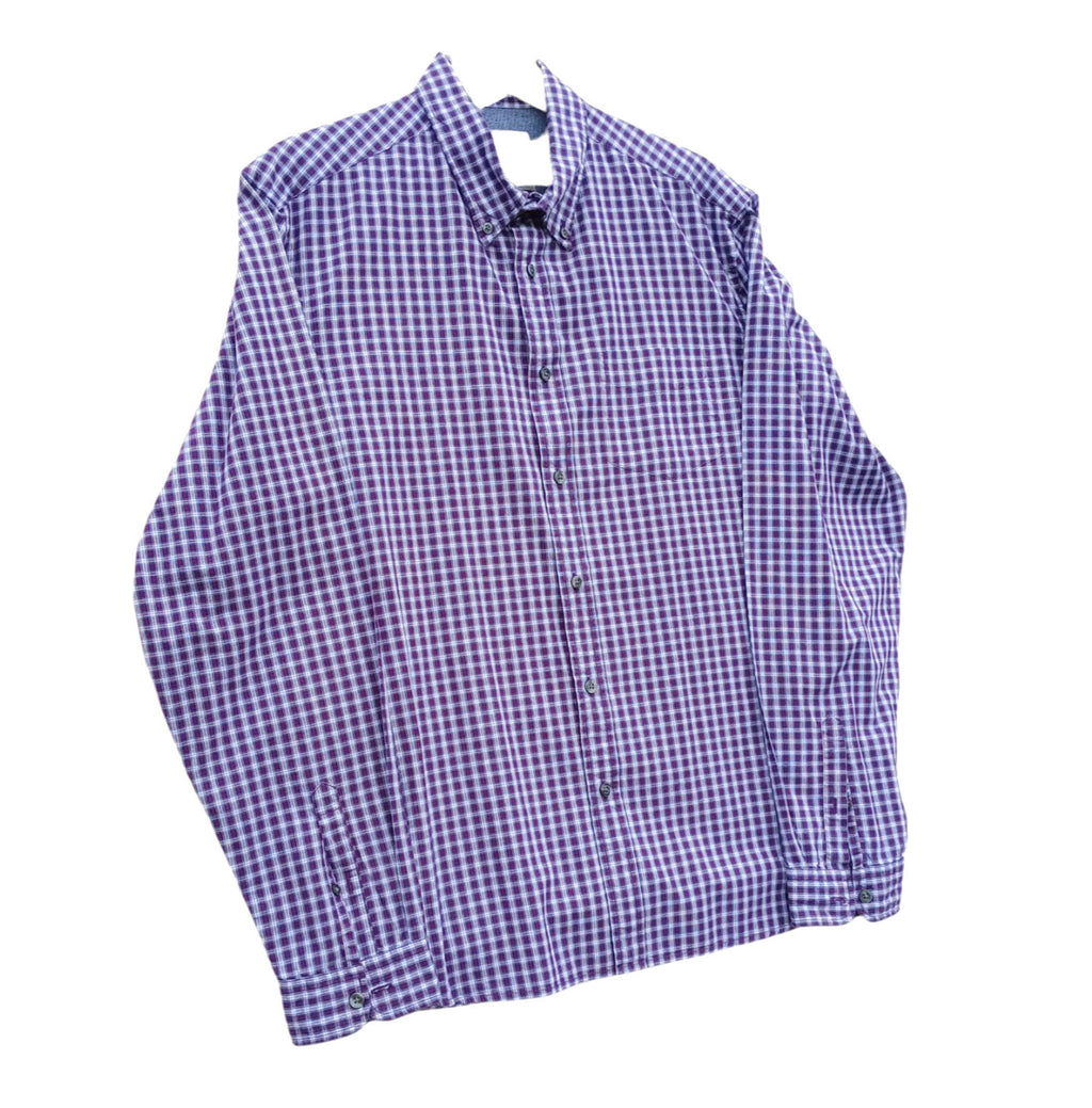 Marks & Spencer Plaid Shirt Men's UK Size L Purple White Button Down Long Sleeve