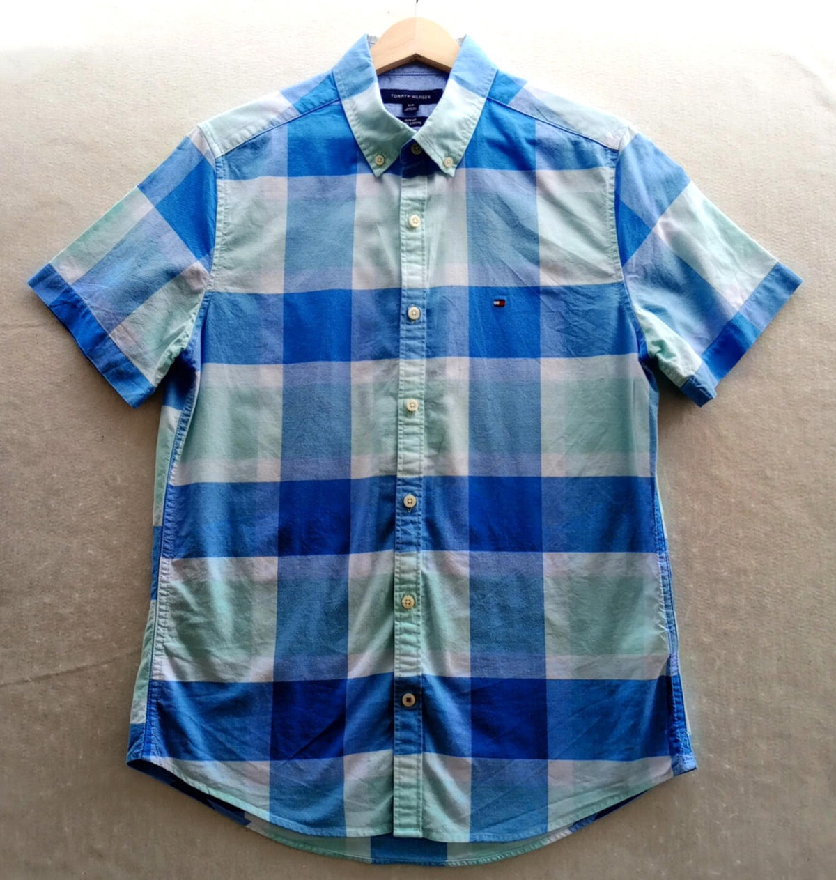 Tommy Hilfiger Button Down Shirt Men's UK Size S Slim Fit Check Short Sleeve