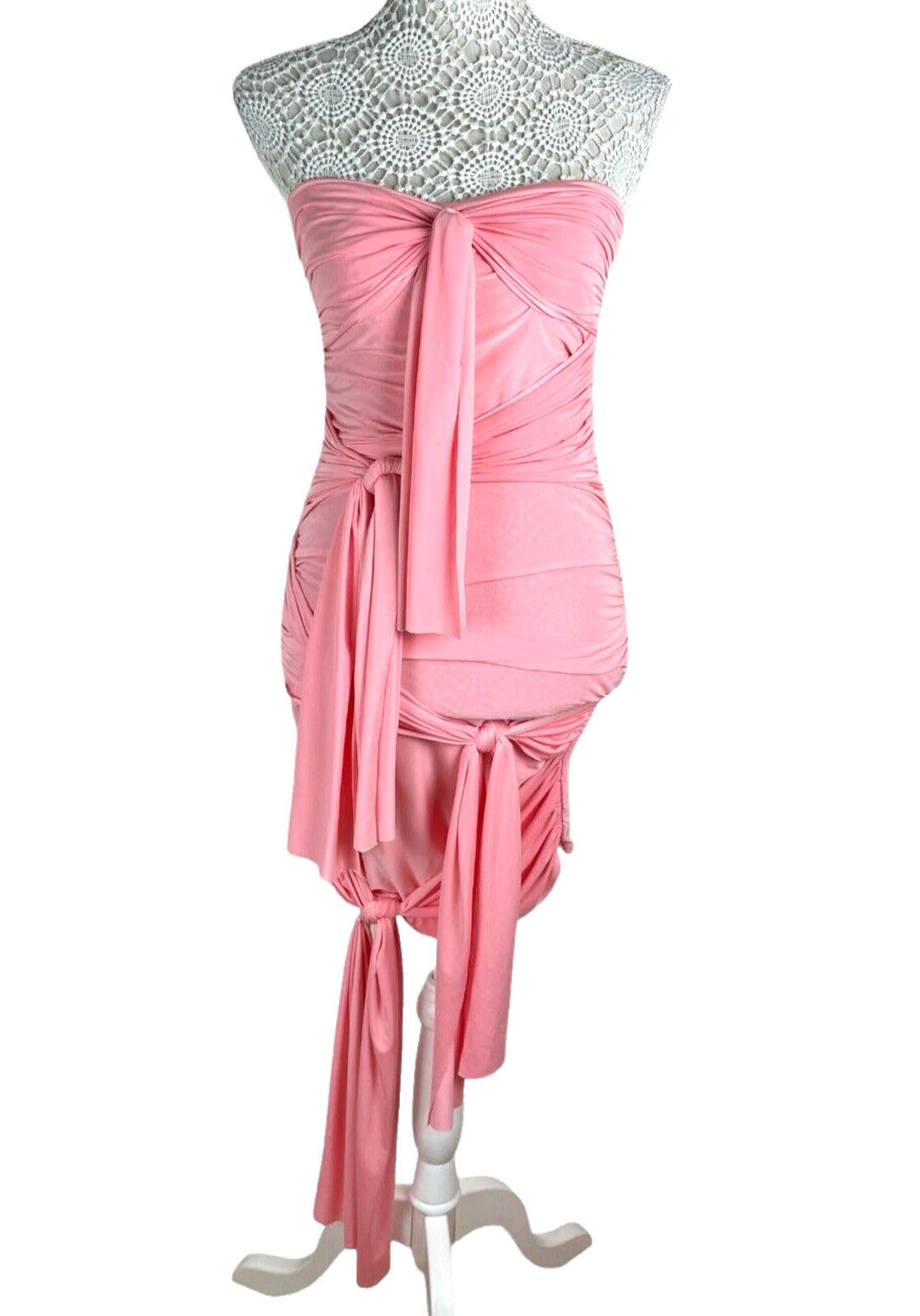 Draped Bodycon Mid Dress Women’s UK Size 8 Pink Cocktail Strapless Jersey Ruched