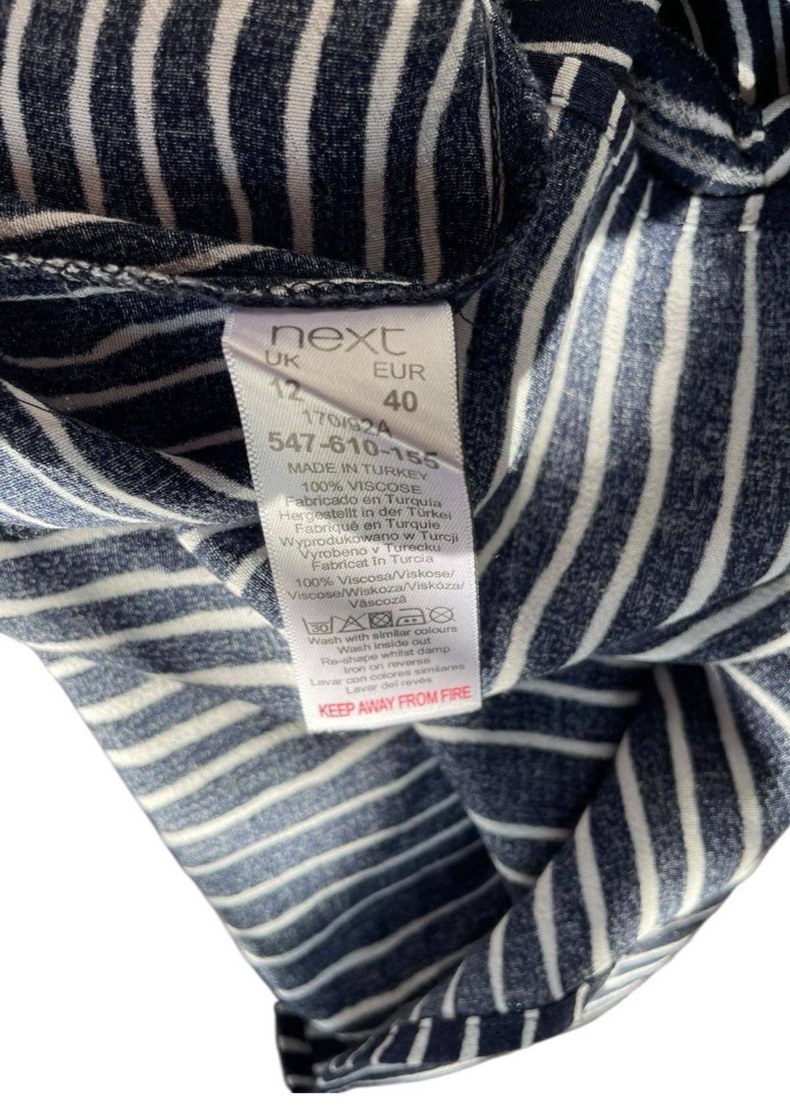 Next Navy Blouse High Neck Striped Lightweight Women's UK Size 12