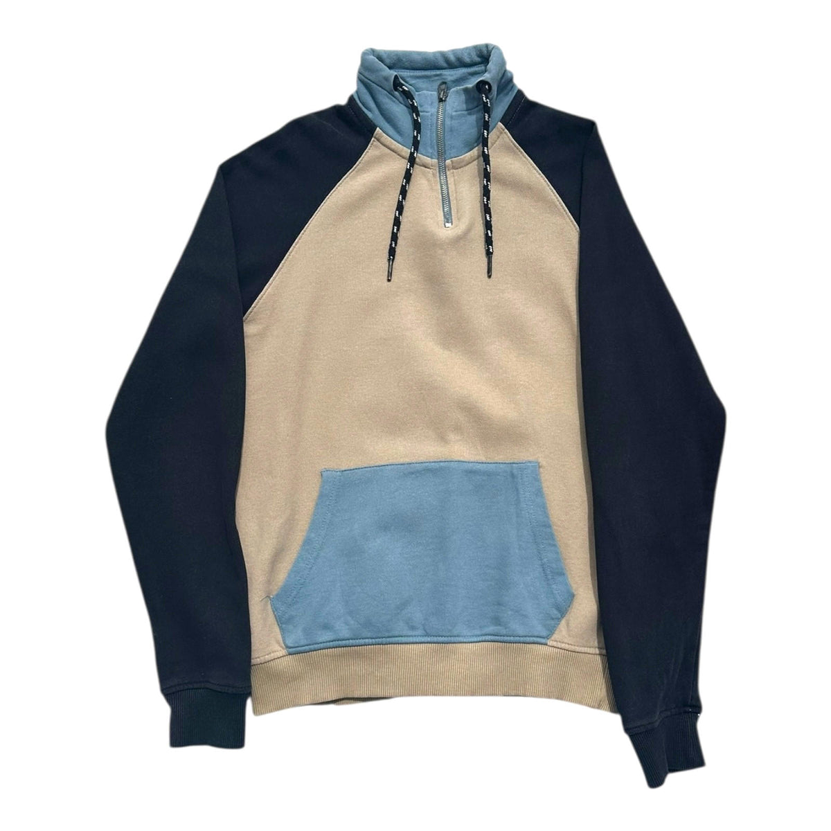 Blend Sweatshirt Men's UK Size S Blue Beige 1/4 Zip Drawstring 100% Cotton