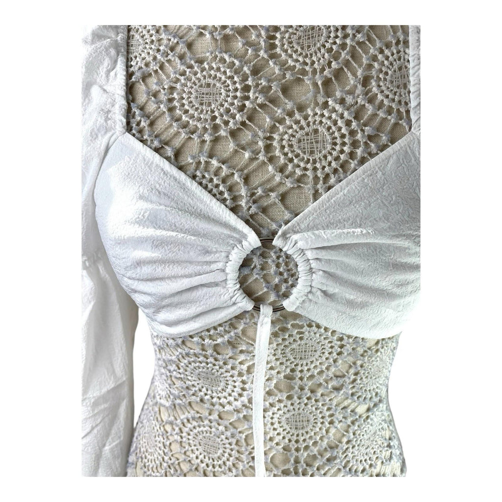 Divided White Puff Sleeve Crop Top Silver Ring Eyelet Women's UK Size S