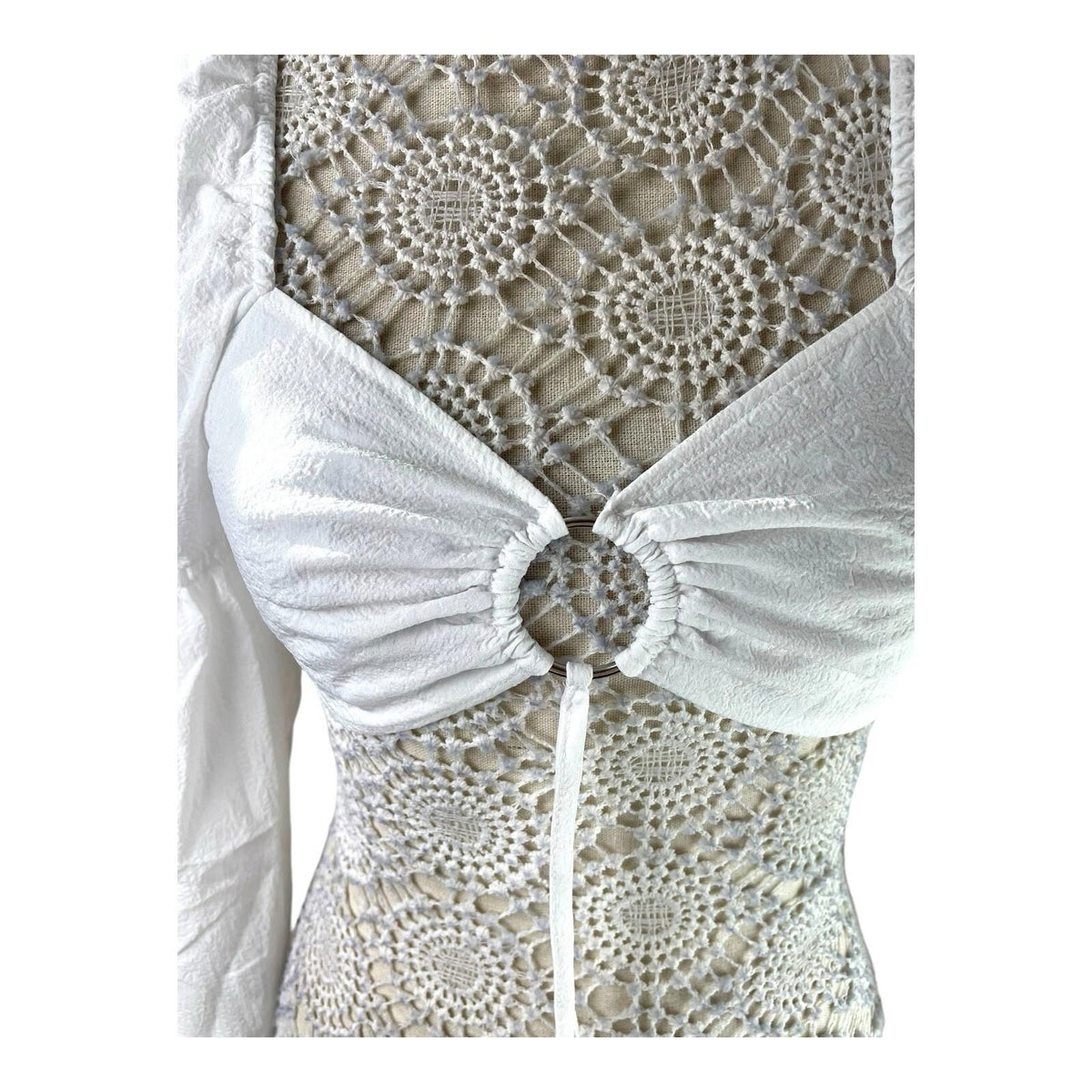 Divided White Puff Sleeve Crop Top Silver Ring Eyelet Women's UK Size S