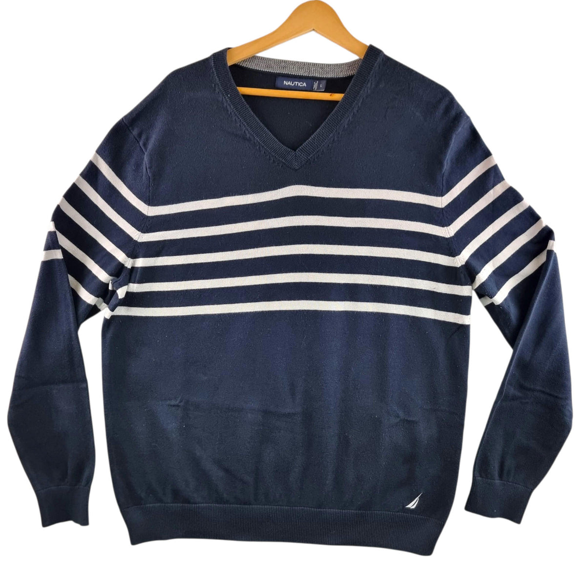 Nautica Knit Jumper Men's UK Size L Navy Blue V-Neck Nautical Sweater Pullover