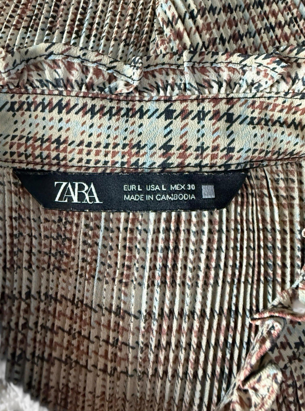 Zara Brown Beige Blouse Tie Neck Top Frilled Hem Women's UK Size L