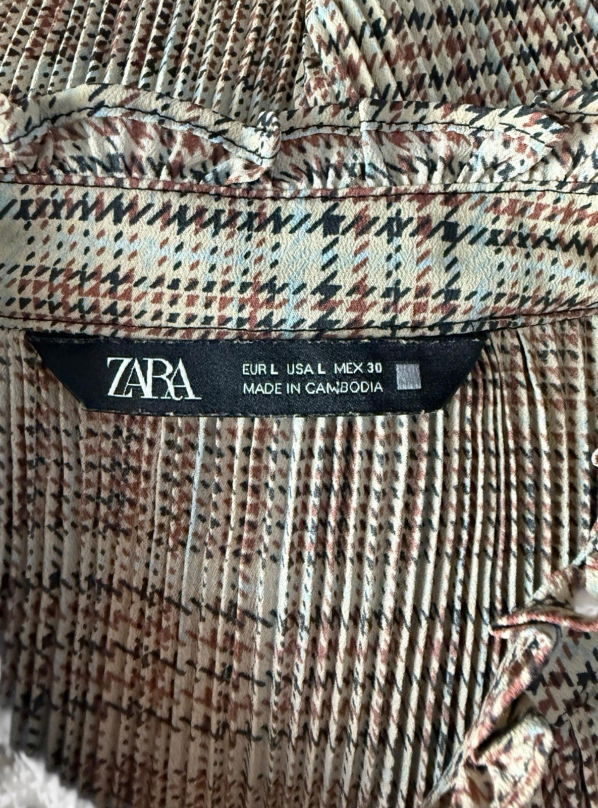Zara Brown Beige Blouse Tie Neck Top Frilled Hem Women's UK Size L
