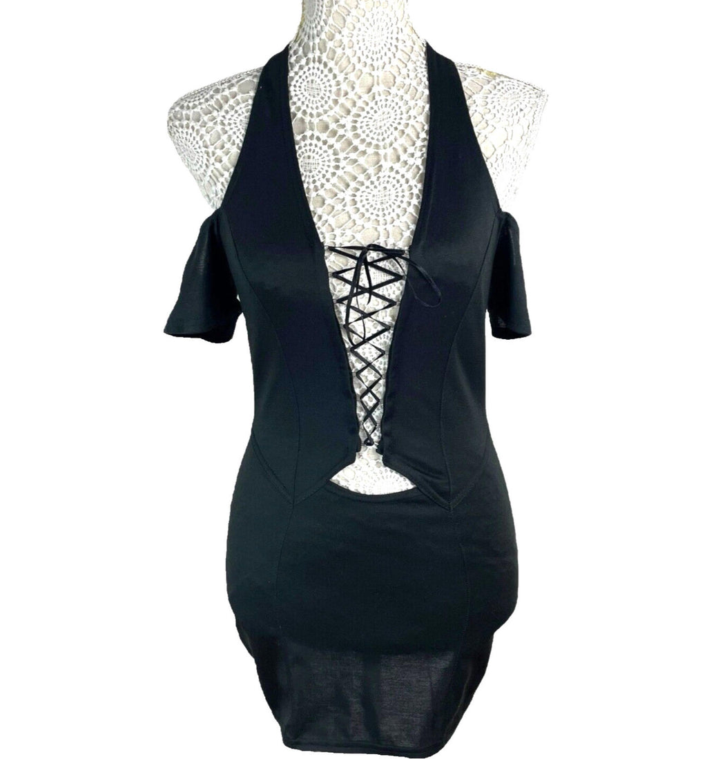 Black Halter Neck Mini Dress Lace Up From Cold Shoulder Women's UK Size 8