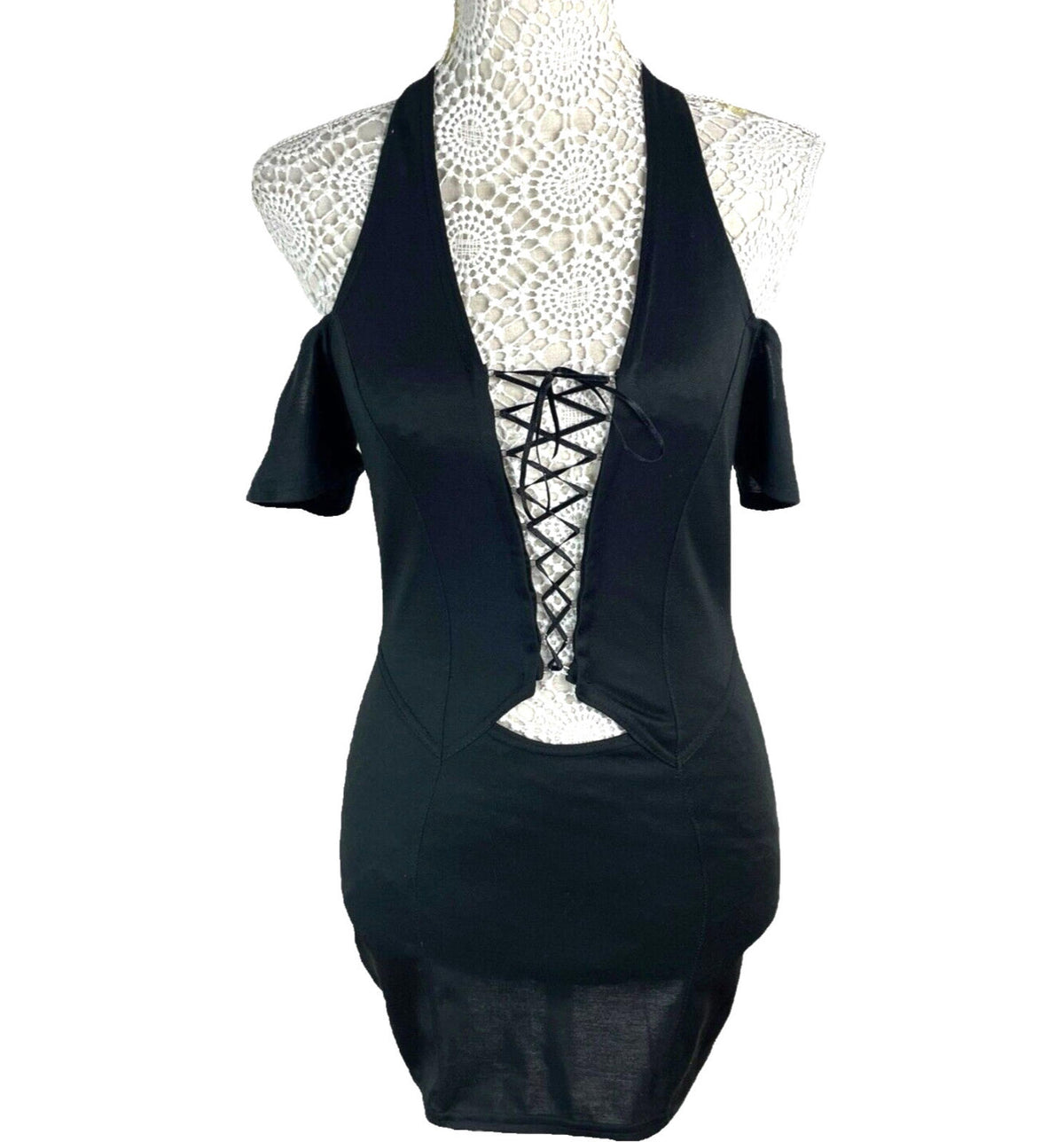 Black Halter Neck Mini Dress Lace Up From Cold Shoulder Women's UK Size 8