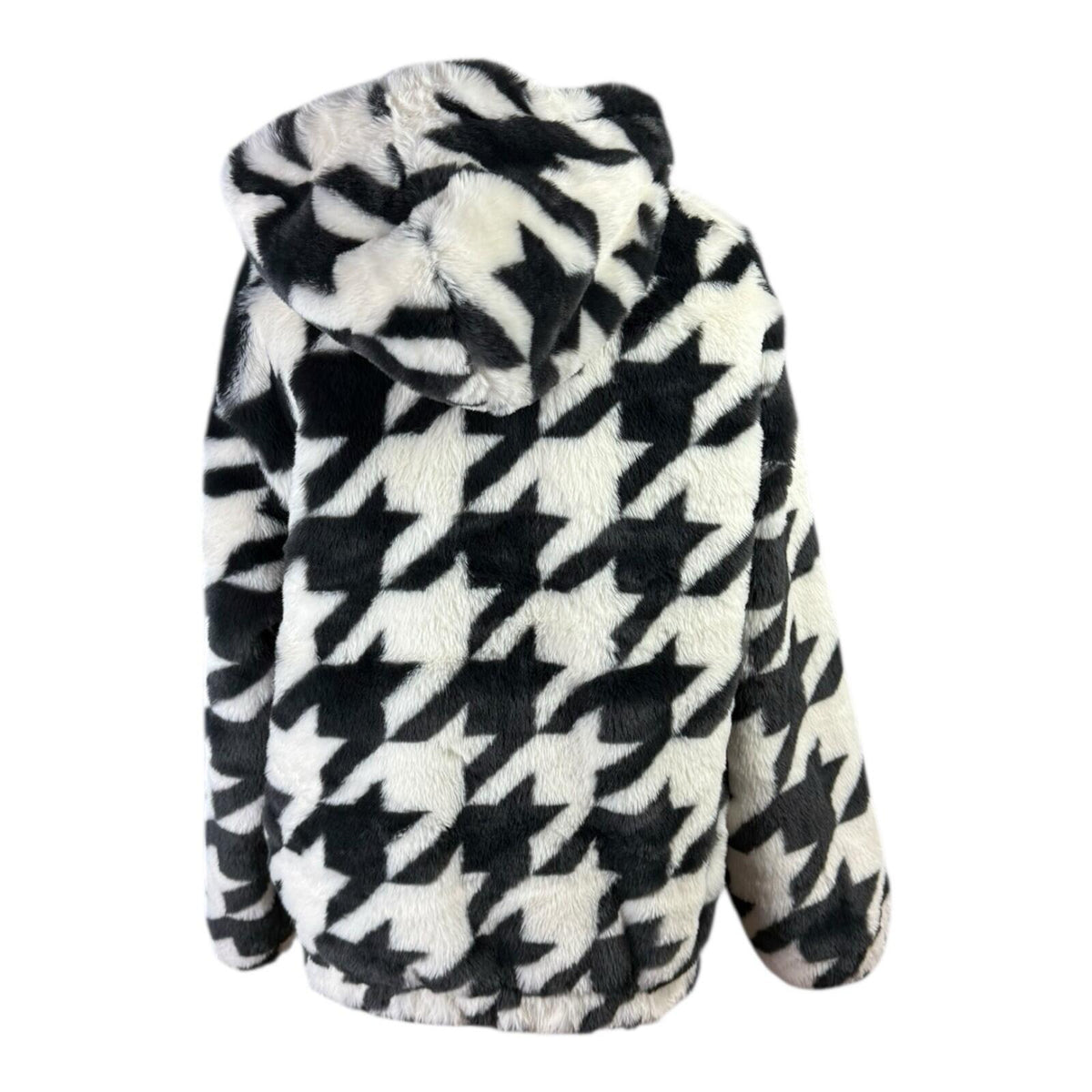 Divided Faux Fur Bomber Jacket Women's UK Size XS Hooded Pockets Houndstooth