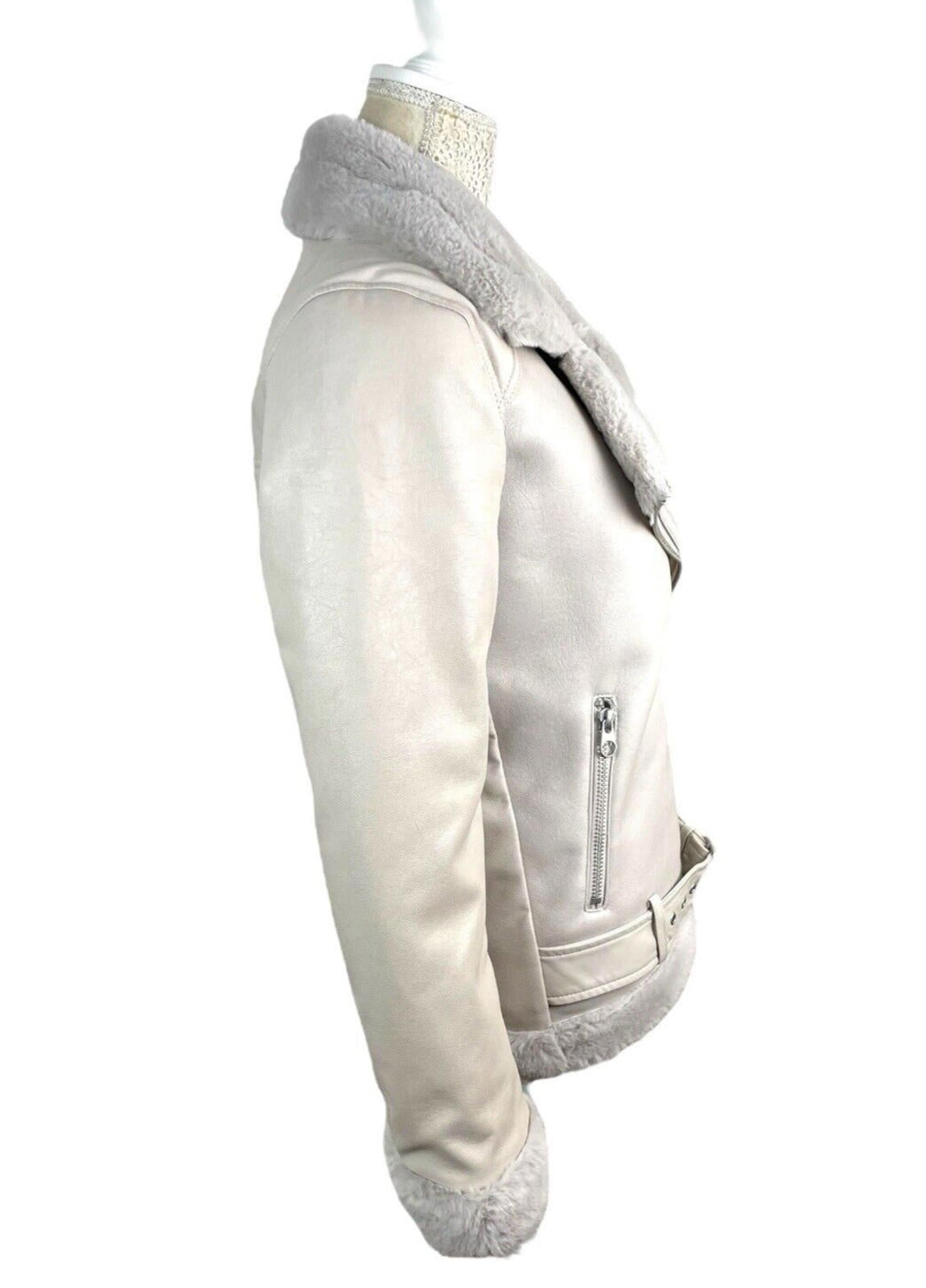 Divided Greige Faux Leather Jacket Fur Trim Collar Women's UK Size XXS