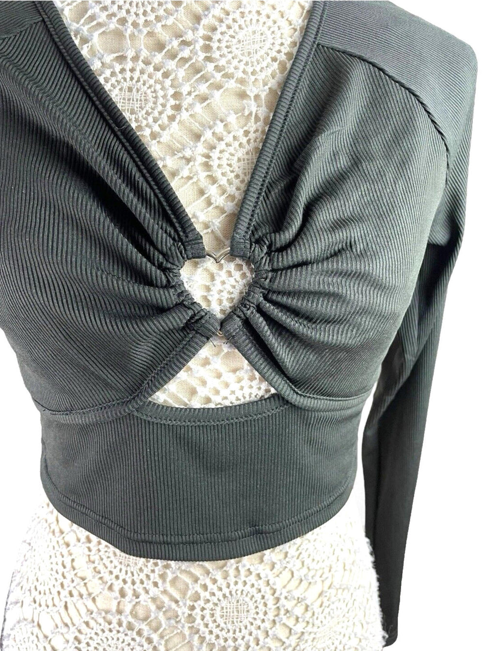 Shein Crop Top Women's UK Size L Black Ribbed Long Sleeve V-Neck Heart Cutout
