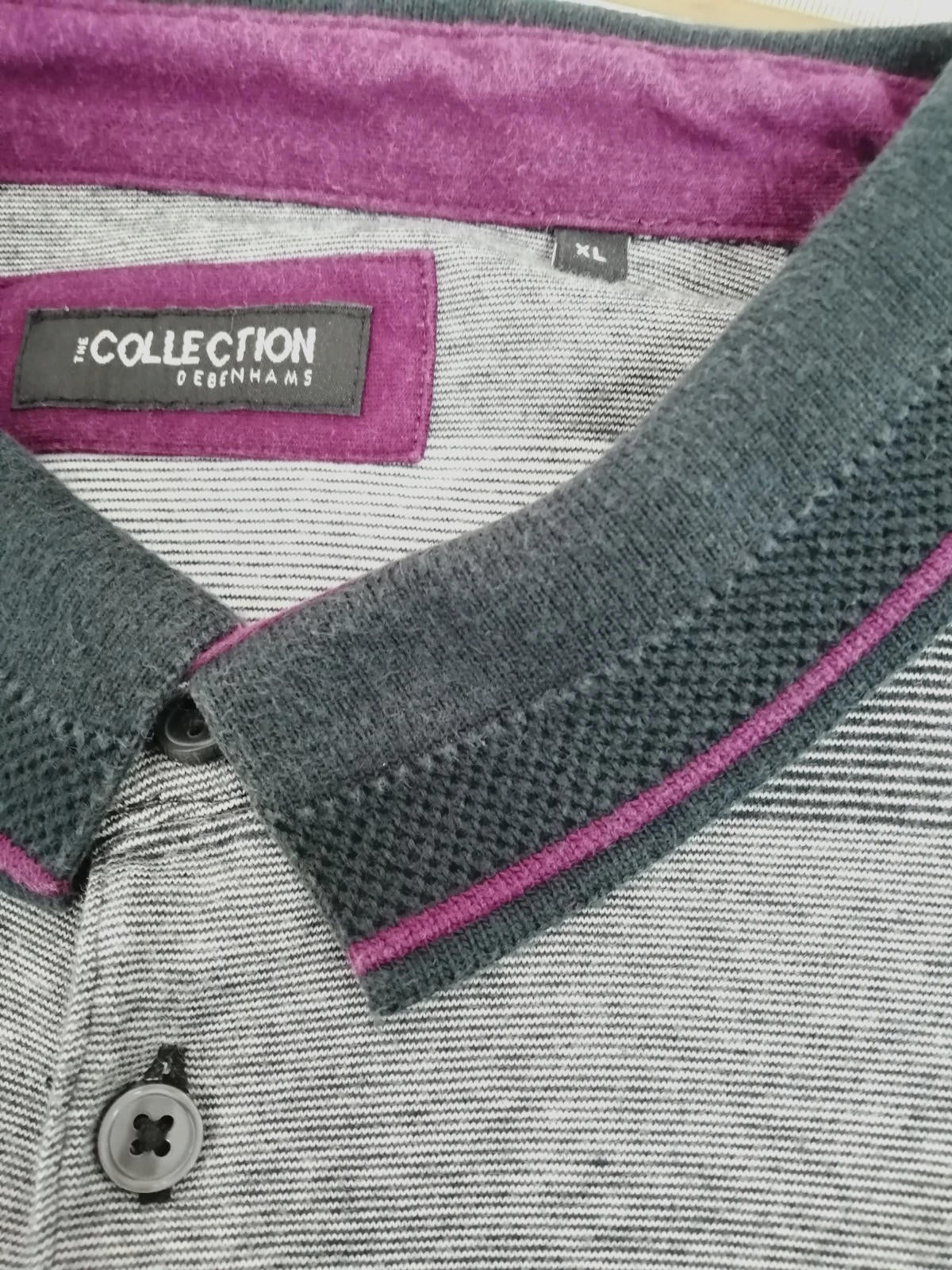 Debenhams Gray Debenhams Men's UK Size XL Grey Polo Shirt Striped Plum Black Collar Side Gusset