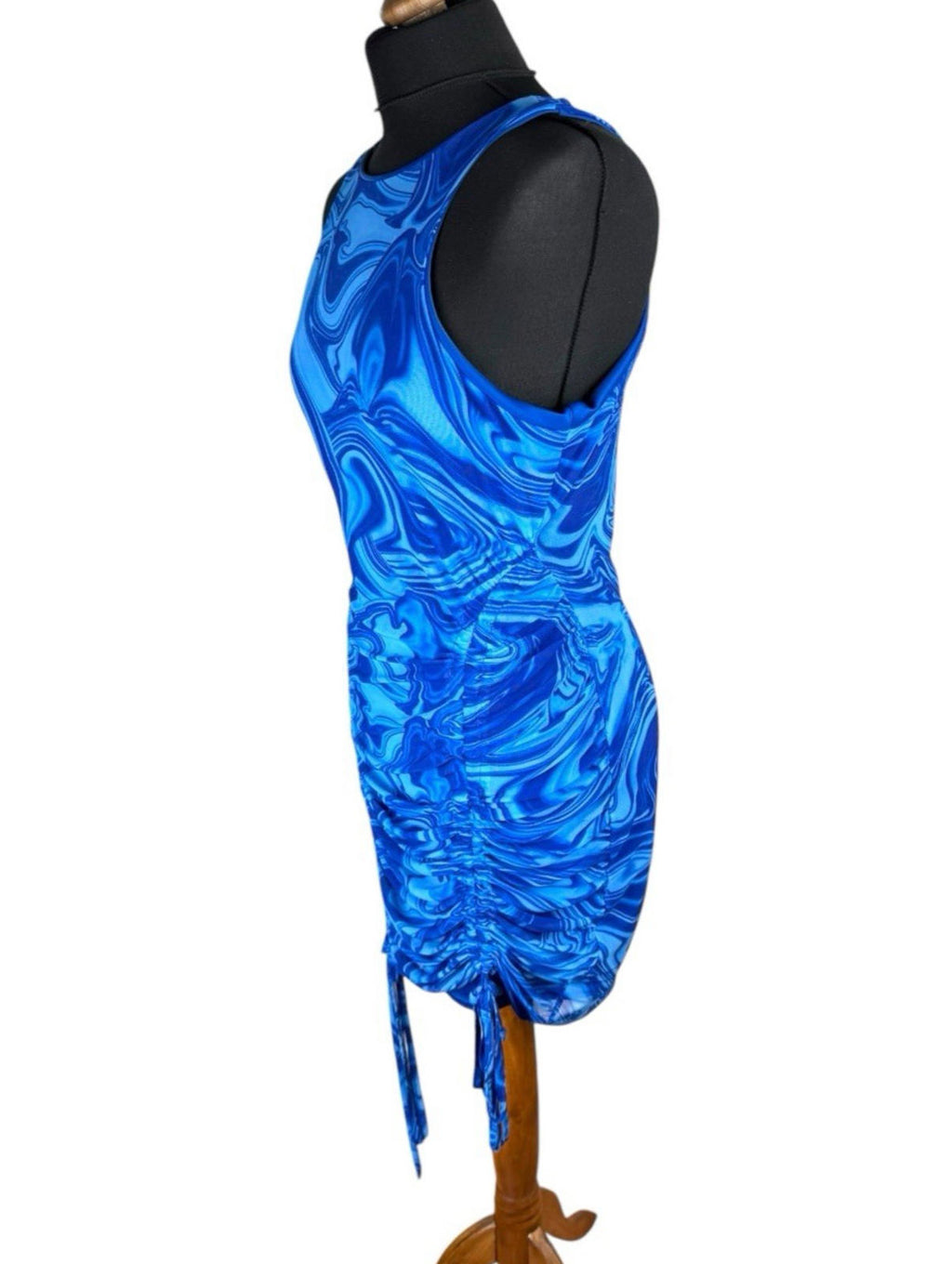 I Saw It First Blue Swirl Print Mini Dress Ruffle Side Women’s UK Size 14