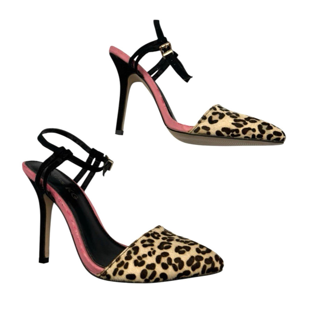 Miss KG Leopard Sling-Back Stiletto Shoes Women's UK Size 6 Pony Fur Kurt Geiger