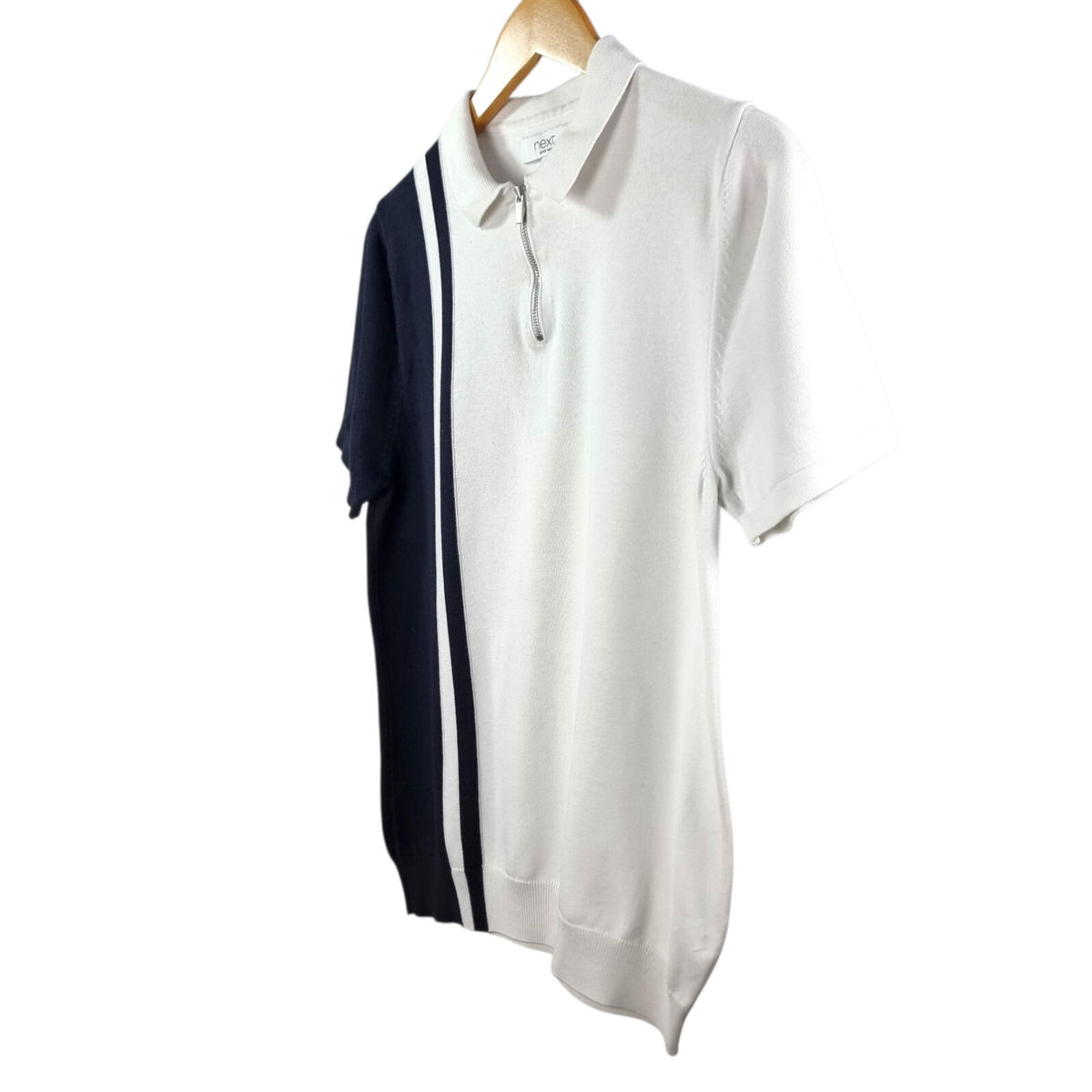 Next White Next Knit Polo Shirt Men's UK Size S White Blue 1/4 Zip Short Sleeve 100% Cotton