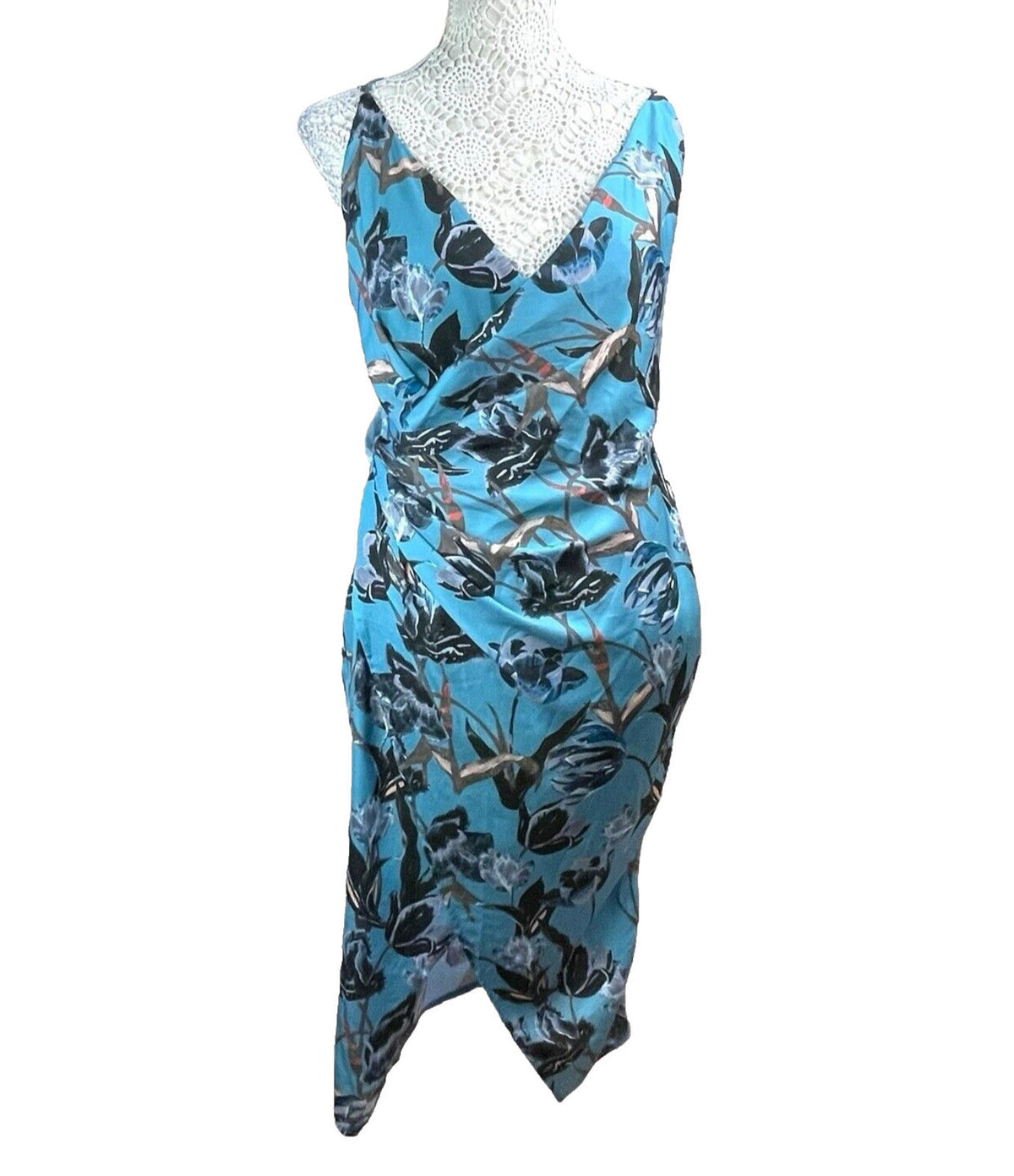 ASOS Blue Floral Midi Dress Silk Effect Women's UK Size 12