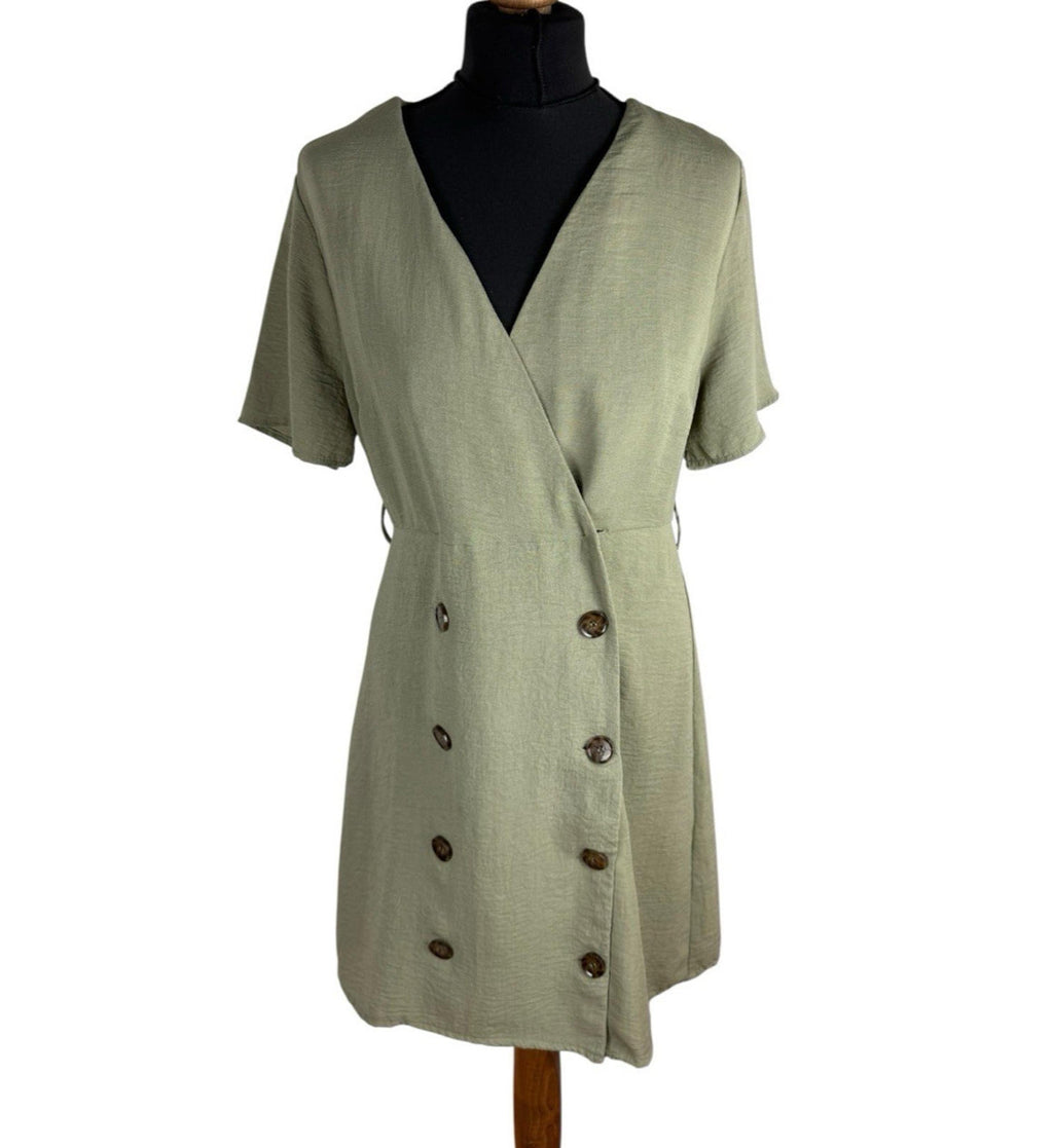 Primark Khaki Green Dress Brown Button Knee Length V Neck Women’s UK Size 12