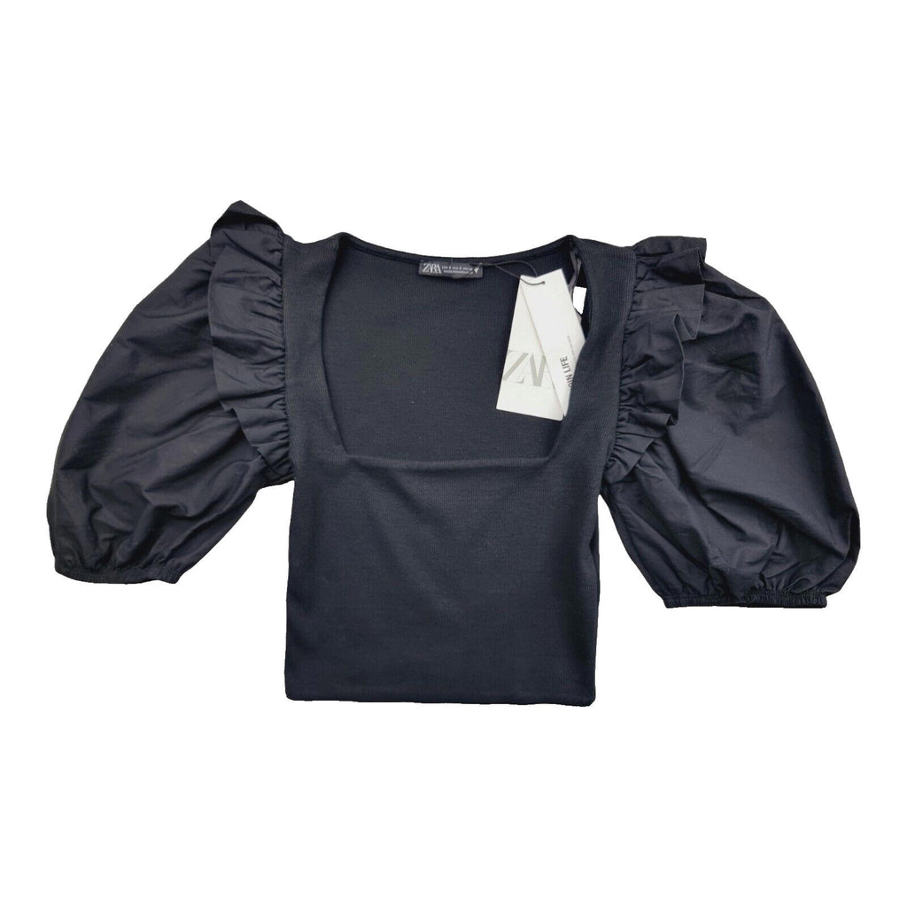 ZARA Black Zara Crop Top Balloon Sleeve Black Ribbed Ruffle Women's UK Size Small S