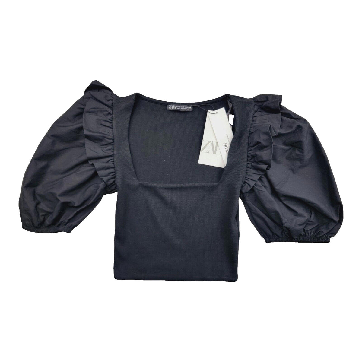 ZARA Black Zara Crop Top Balloon Sleeve Black Ribbed Ruffle Women's UK Size Small S
