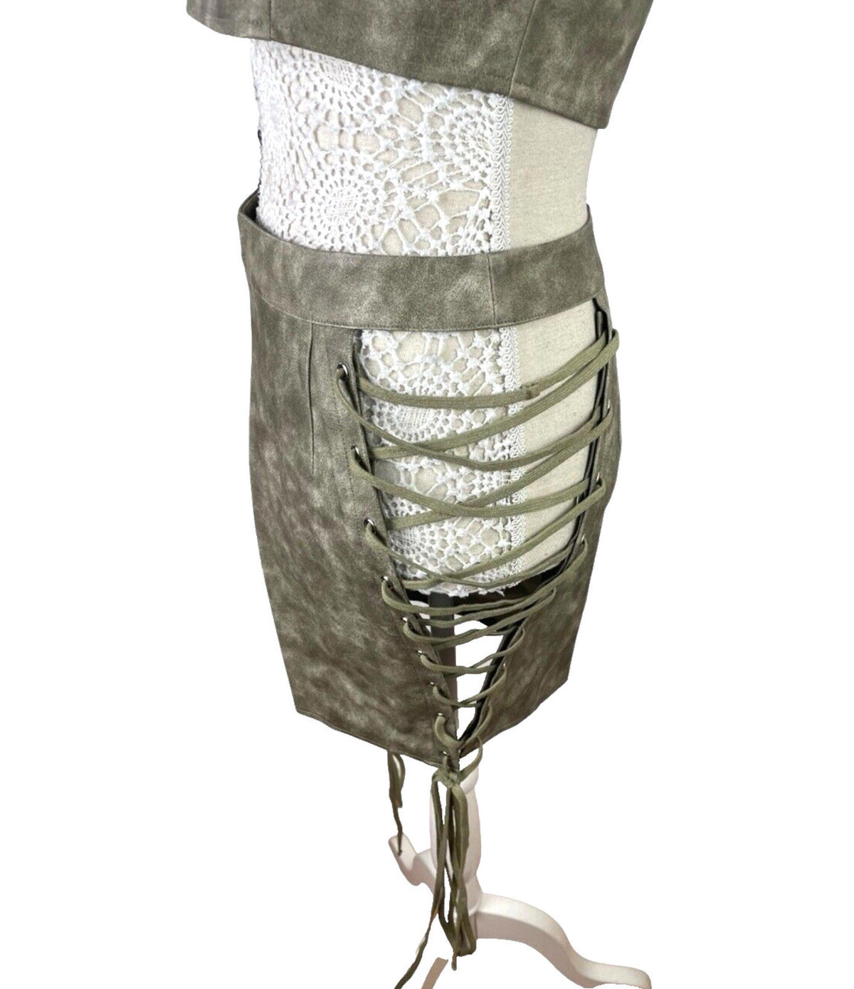 Pretty Little Thing Lace-Up Skirt & Crop Top Set Women's UK Size 8 Faux Leather