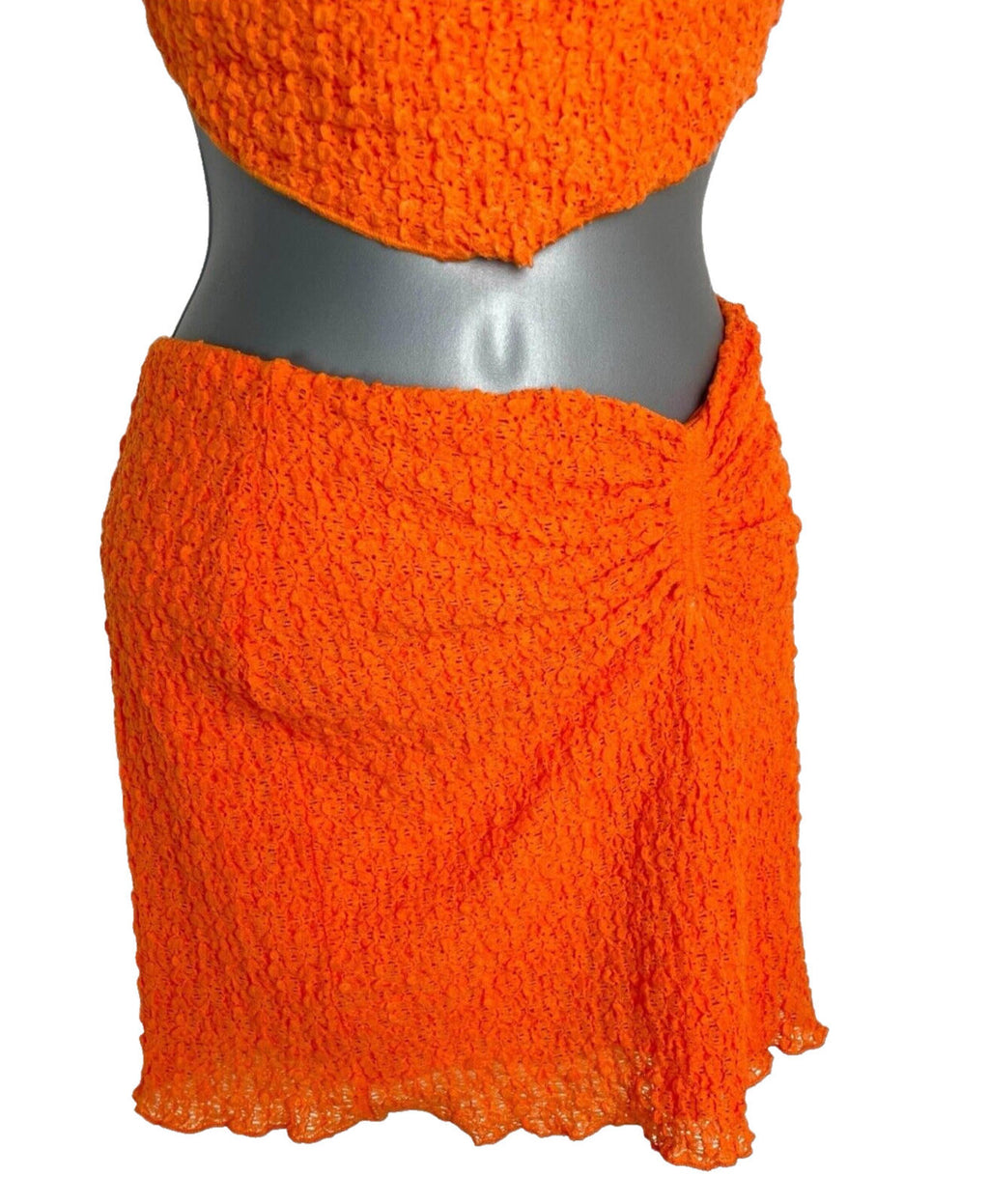 Bershka Bright Orange Textured Co Ord Set Women's UK Size XS Crop Top & Skirt