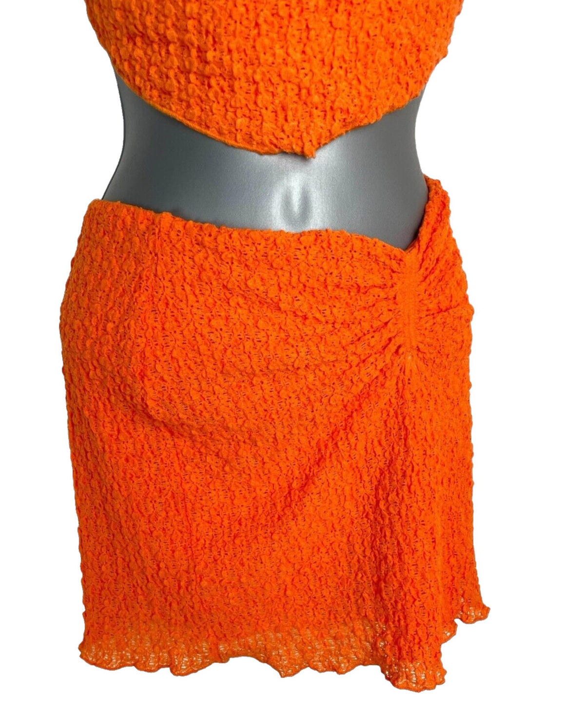 Bershka Bright Orange Textured Co Ord Set Women's UK Size XS Crop Top & Skirt