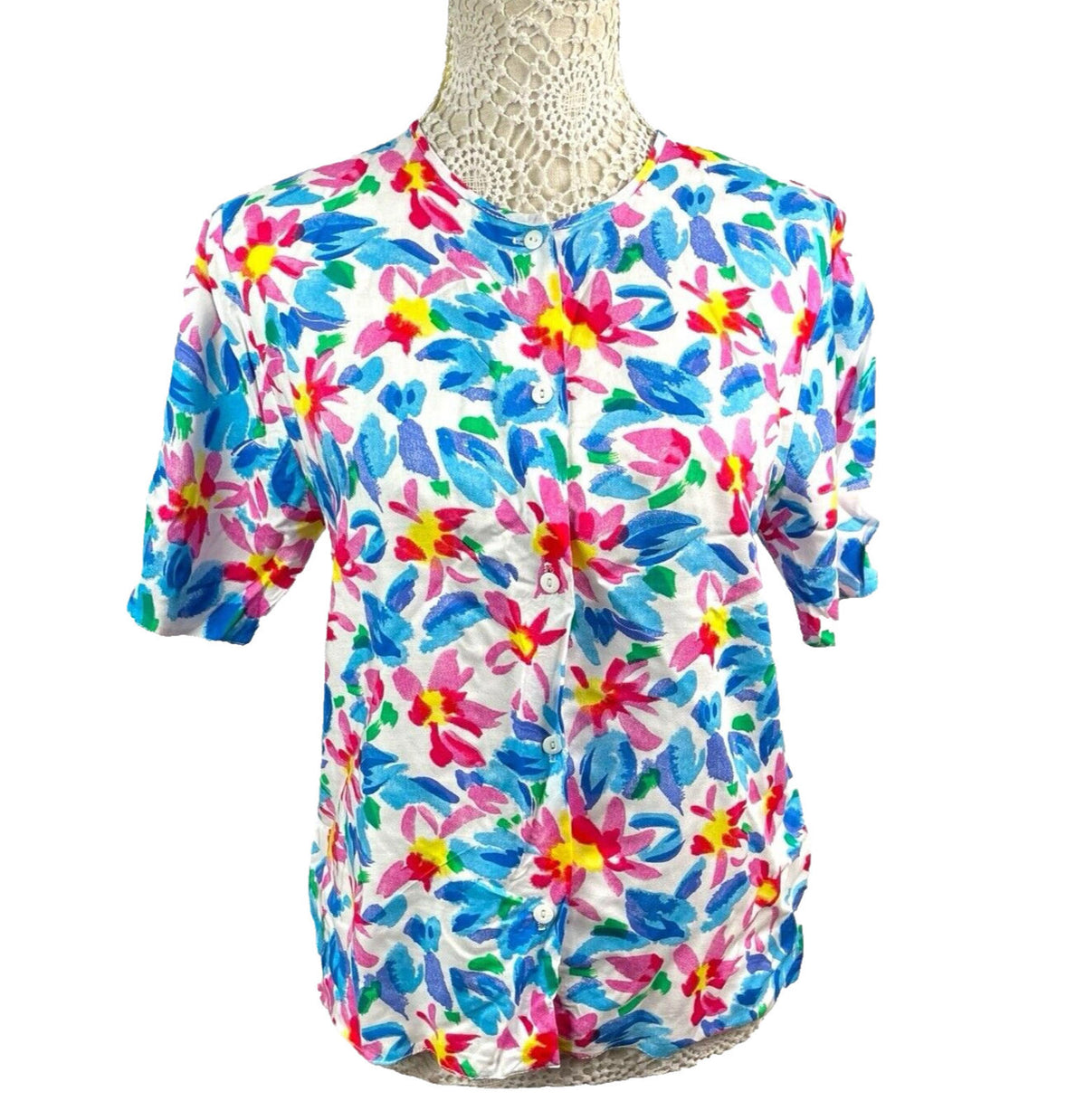 Features White Floral Shirt Blouse Women's UK Size 12 Multicolored Short Sleeve Collarless