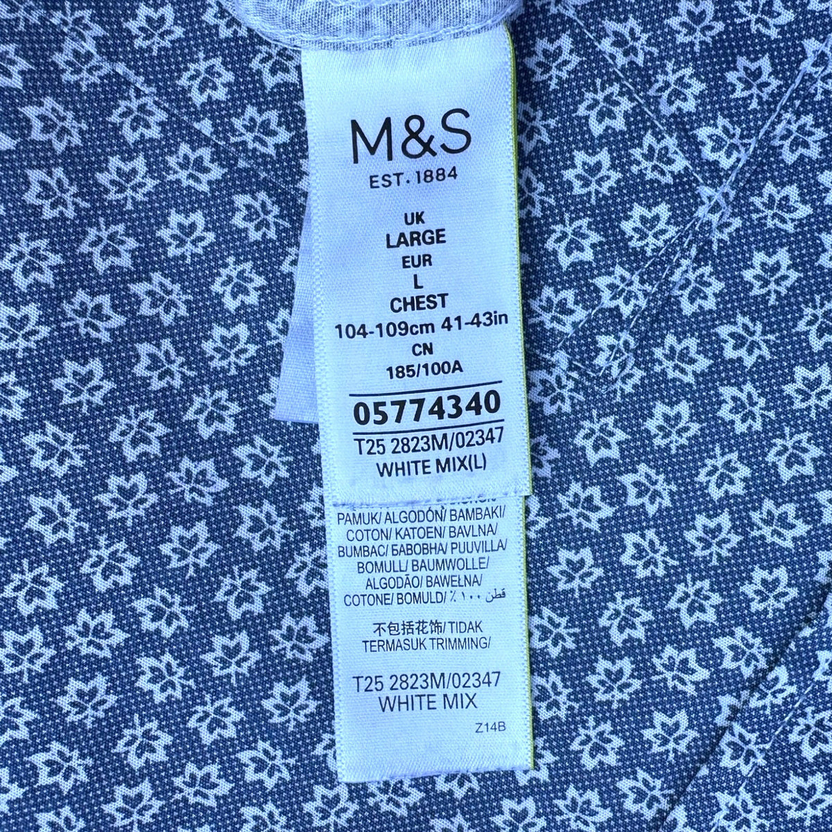 M&S Shirt Long Sleeve Floral Blue 100% Cotton Men's UK Size Large L