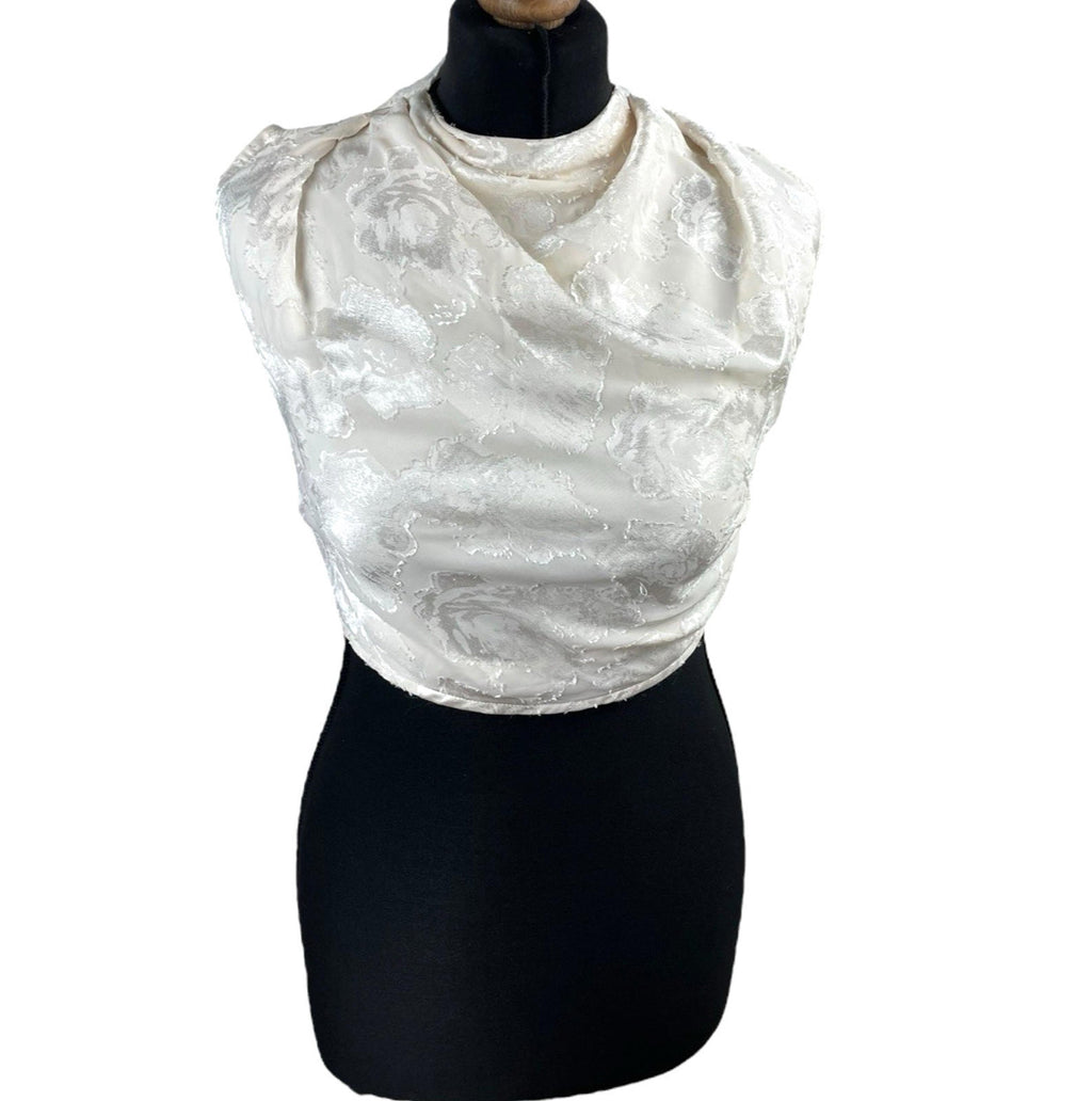 Pretty Little Thing Cream Satin Crop Top High Neck Tie Back Women's UK Size 8