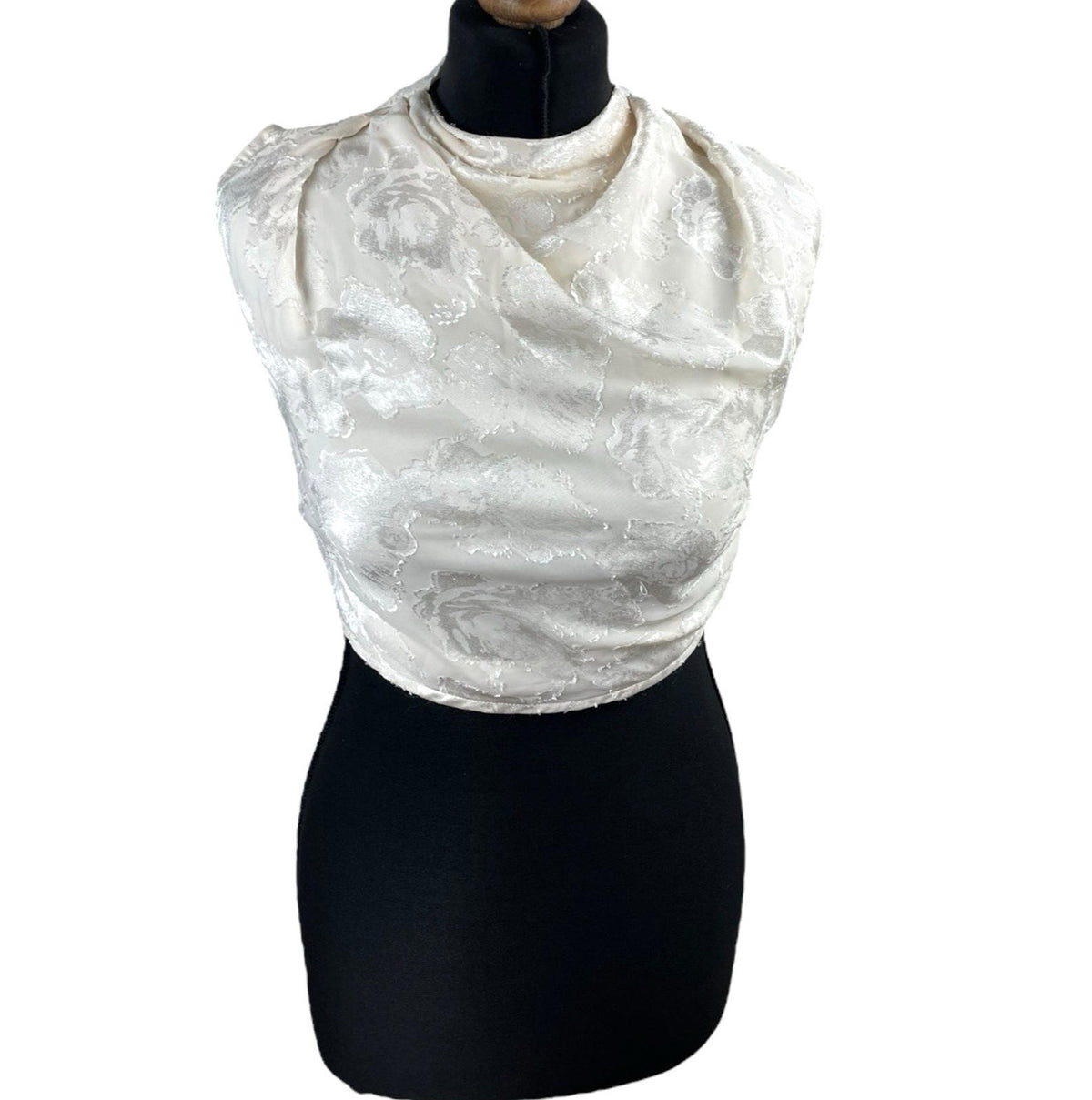 Pretty Little Thing Cream Satin Crop Top High Neck Tie Back Women's UK Size 8