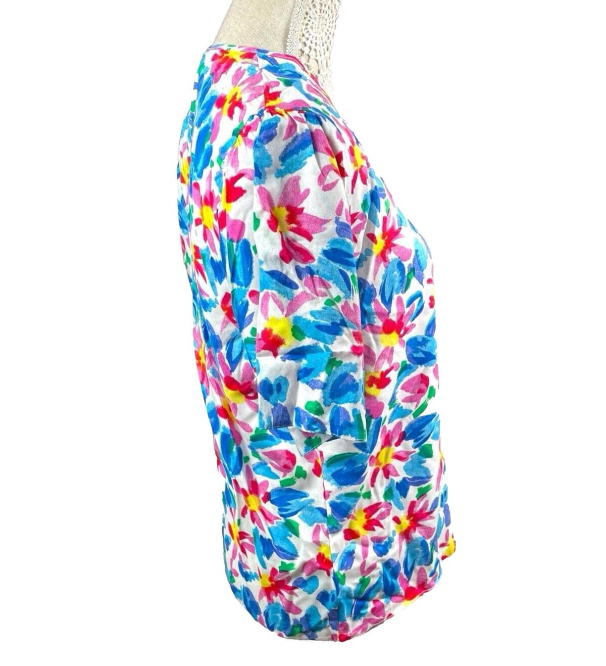 Features White Floral Shirt Blouse Women's UK Size 12 Multicolored Short Sleeve Collarless