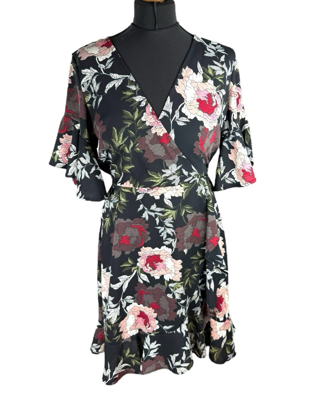 AX Paris Dress Black Floral Wrap Front Frill Knee Length Women's UK Size 10